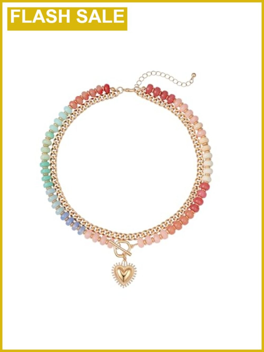 Layered Beaded Necklace 14k Gold Plated Heart Pendant Acrylic Beads Boho